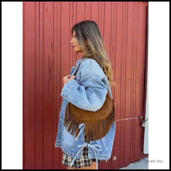 Oversized Denim Jacket Side Tie Bow Detail Boho Chic Boyfriend Fit - Picture 4 of 7